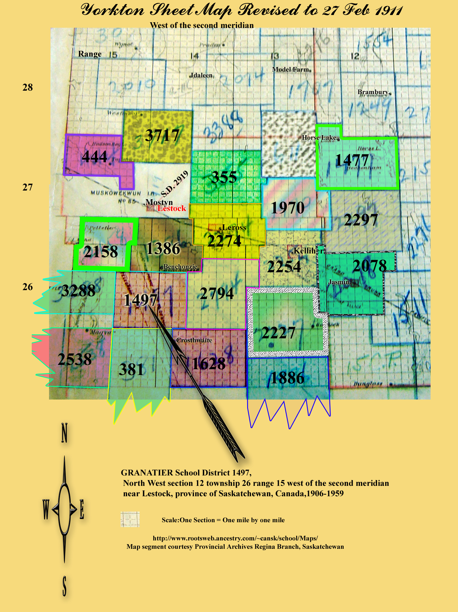 GRANATIER School District 1497 MAP,  		North West section 12 township 26 range 15 west of the second meridian,	near Lestock, province of Saskatchewan, Canada,1906-1959, 